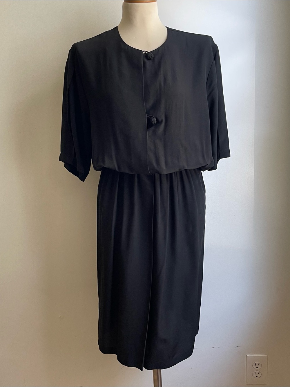 Vintage 90s Flora Kung Black Silk Dress 3/4 Sleeve Elastic Waist Blouson 10